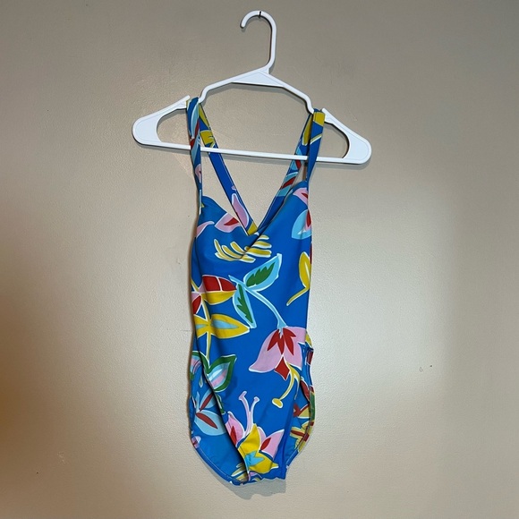Oscar De La Renta One Piece Swimsuit Vintage 80's Blue Floral Criss Cross READ - Picture 1 of 9